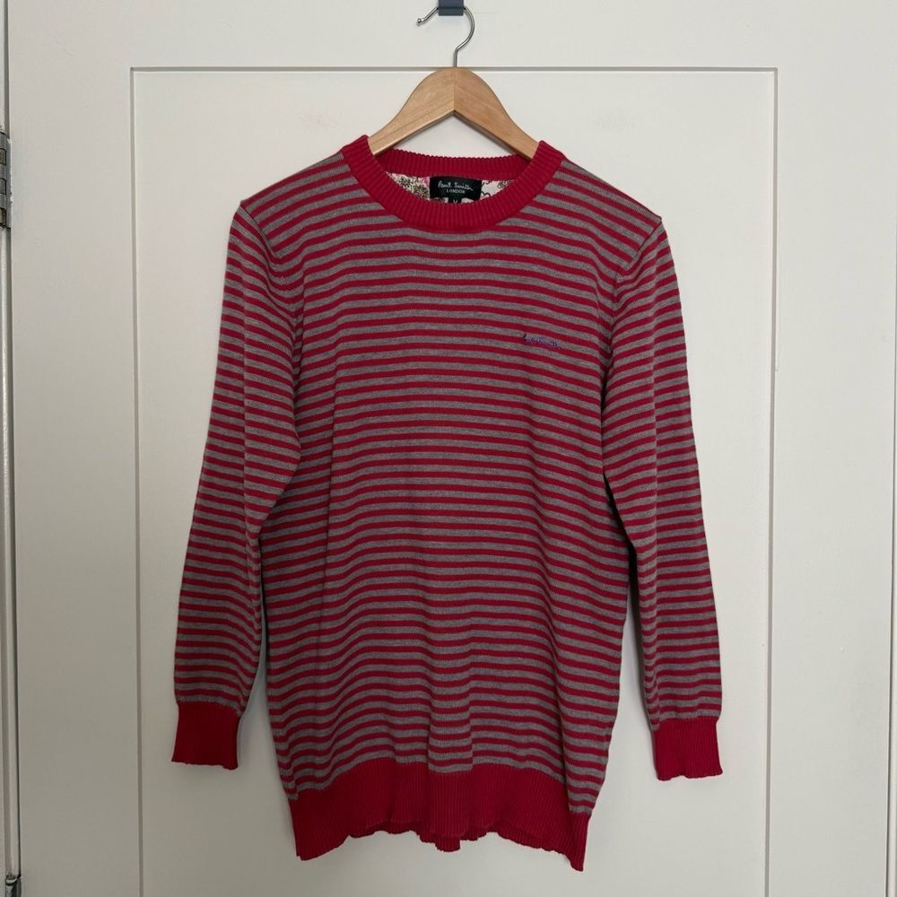 Paul Smith Sweater Mens Sz M Red Gray Striped Crew Neck 100% Cotton Preppy